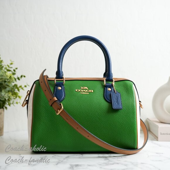 NWT Coach CBI95 Rowan Satchel Bag In Blocked Signature Canvas Chalk/Kelly Multi - Picture 1 of 14